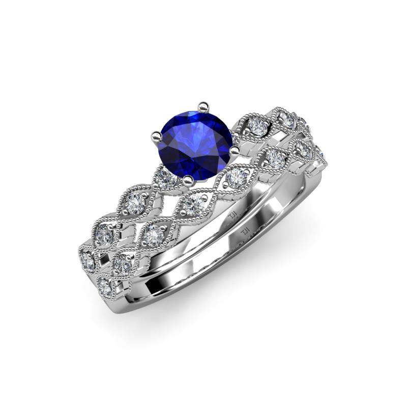 Laine 1.46 ctw Classic Blue Sapphire (6.50 mm) Accented Round Natural Diamonds Marquise Shape Bridal Set Ring  