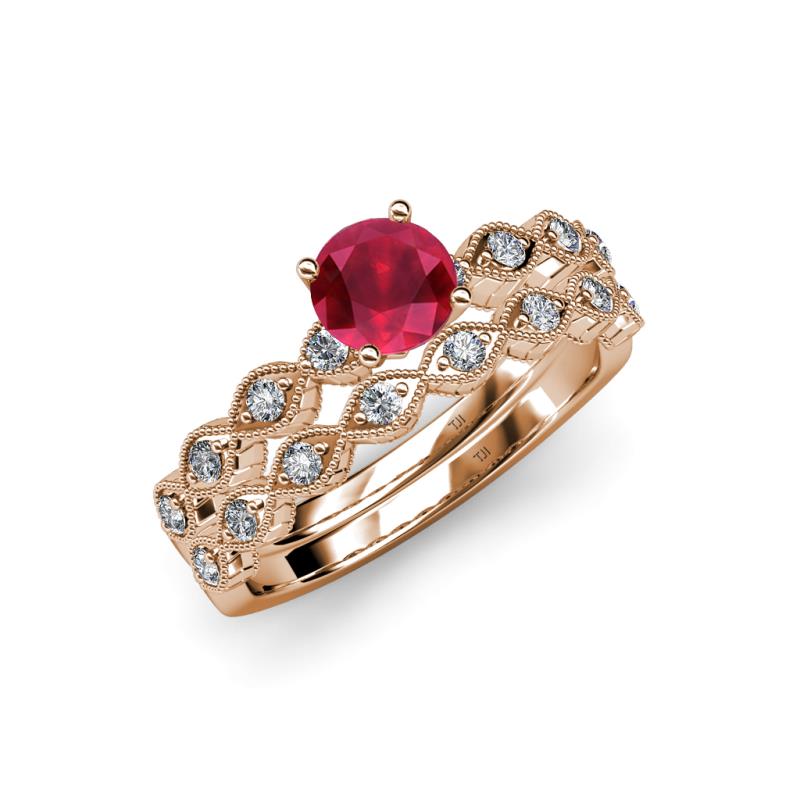 Laine 1.11 ctw Classic Ruby (6.00 mm) Accented Round Natural Diamonds Marquise Shape Bridal Set Ring  