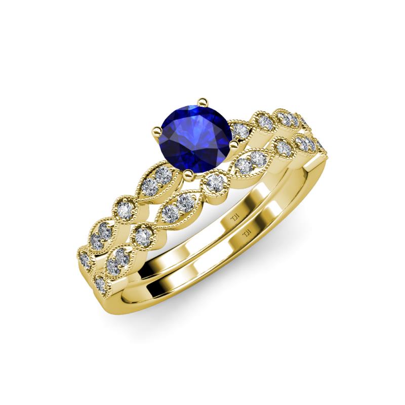 Siena 1.25 ctw Blue Sapphire (6.50 mm) Accented Natural Round Diamonds Marquise and Dot Shape Bridal Set Ring  