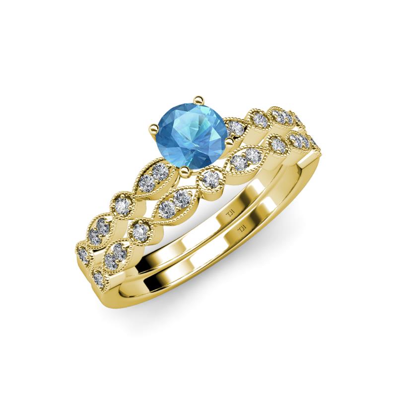 Siena 1.20 ctw Blue Topaz (6.50 mm) Accented Natural Round Diamonds Marquise and Dot Shape Bridal Set Ring  