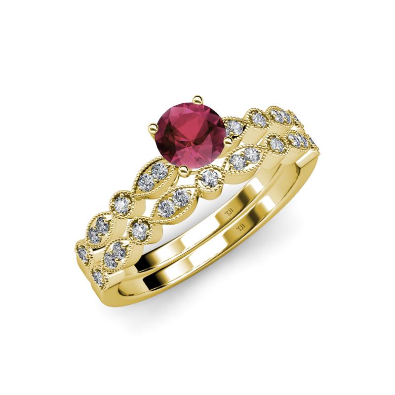 Siena 1.25 ctw Rhodolite Garnet (6.50 mm) Accented Natural Round Diamonds Marquise and Dot Shape Bridal Set Ring  