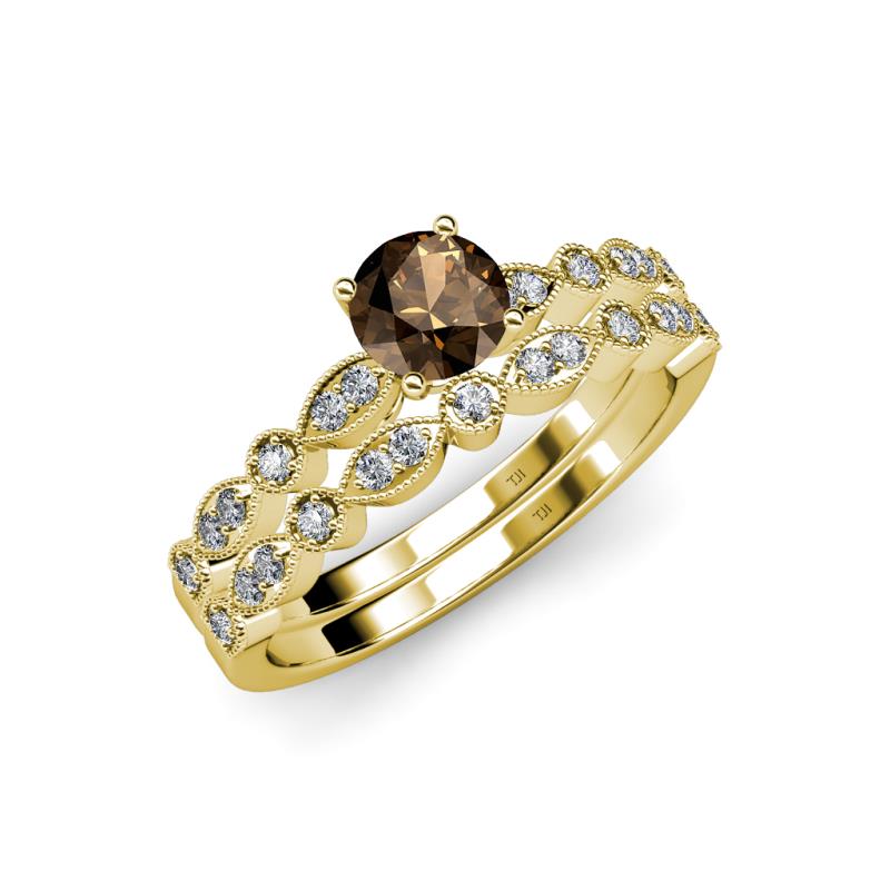 Siena 1.25 ctw Smoky Quartz (6.50 mm) Accented Natural Round Diamonds Marquise and Dot Shape Bridal Set Ring  