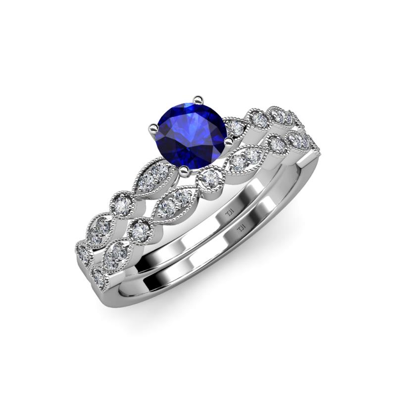 Siena 1.25 ctw Blue Sapphire (6.50 mm) Accented Natural Round Diamonds Marquise and Dot Shape Bridal Set Ring  