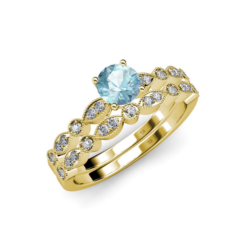 Siena 1.12 ctw Aquamarine (6.50 mm) Accented Natural Round Diamonds Marquise and Dot Shape Bridal Set Ring  