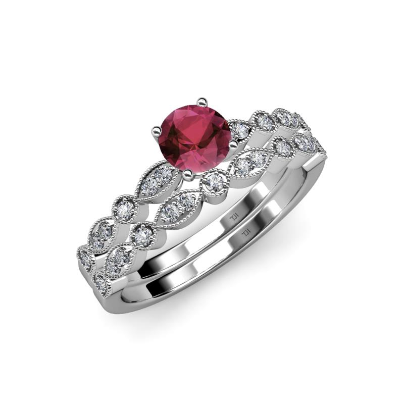 Siena 1.25 ctw Rhodolite Garnet (6.50 mm) Accented Natural Round Diamonds Marquise and Dot Shape Bridal Set Ring  