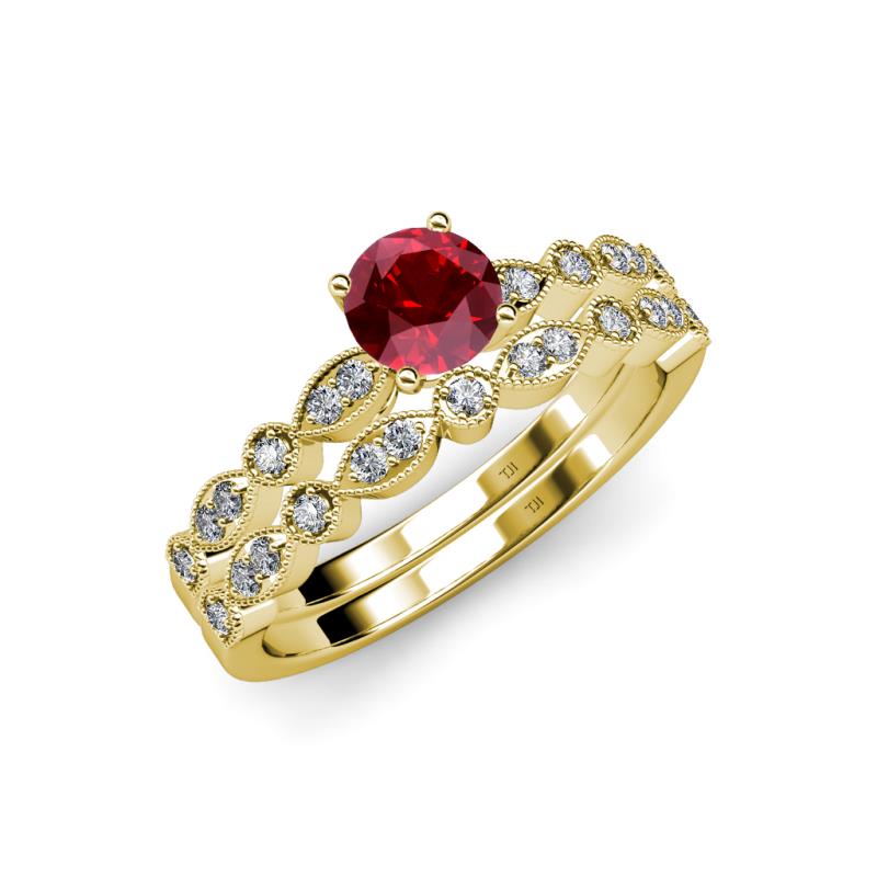Siena 1.20 ctw Ruby (6.000 mm) Accented Natural Round Diamonds Marquise and Dot Shape Bridal Set Ring  