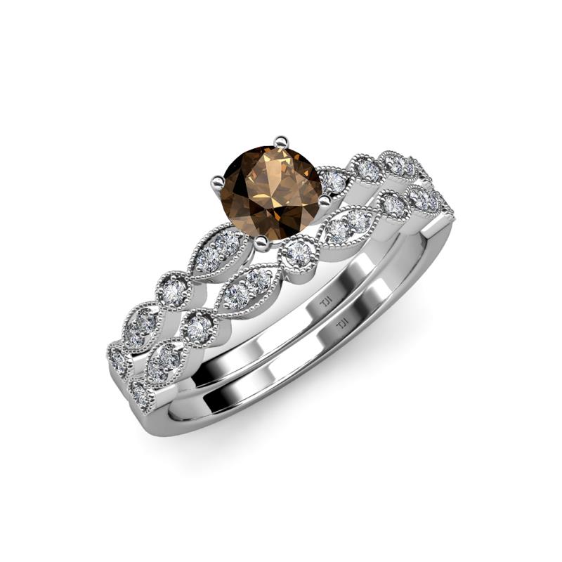 Siena 1.25 ctw Smoky Quartz (6.50 mm) Accented Natural Round Diamonds Marquise and Dot Shape Bridal Set Ring  