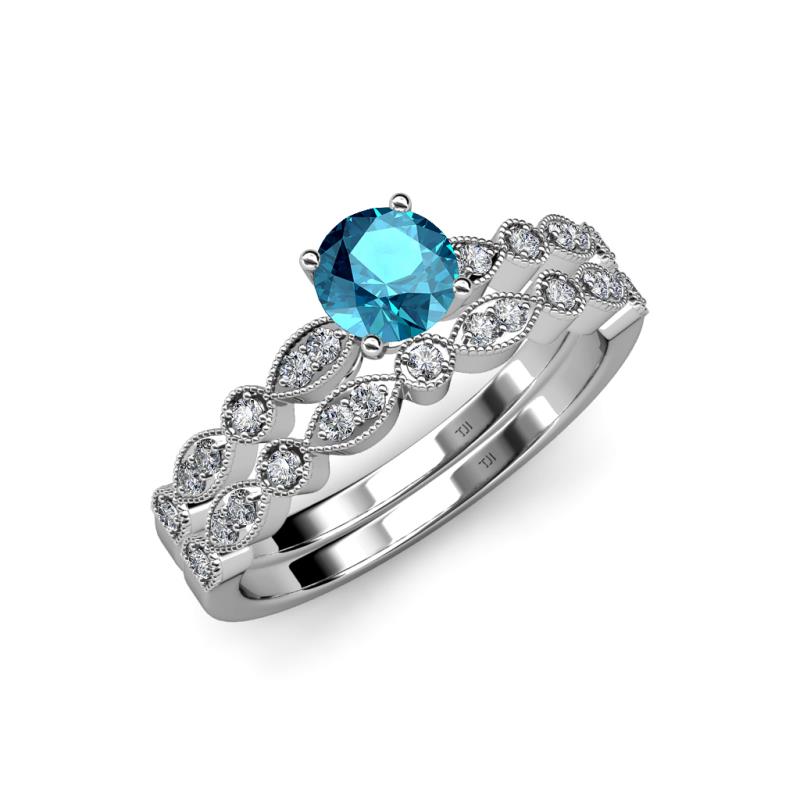 Siena 1.20 ctw London Blue Topaz (6.50 mm) Accented Natural Round Diamonds Marquise and Dot Shape Bridal Set Ring  