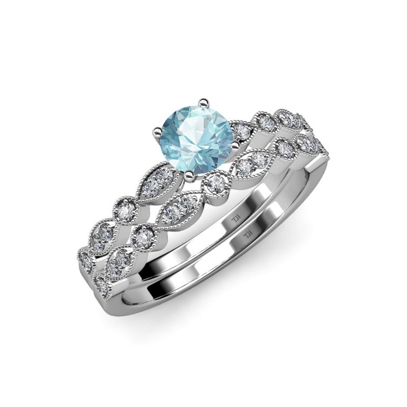 Siena 1.12 ctw Aquamarine (6.50 mm) Accented Natural Round Diamonds Marquise and Dot Shape Bridal Set Ring  