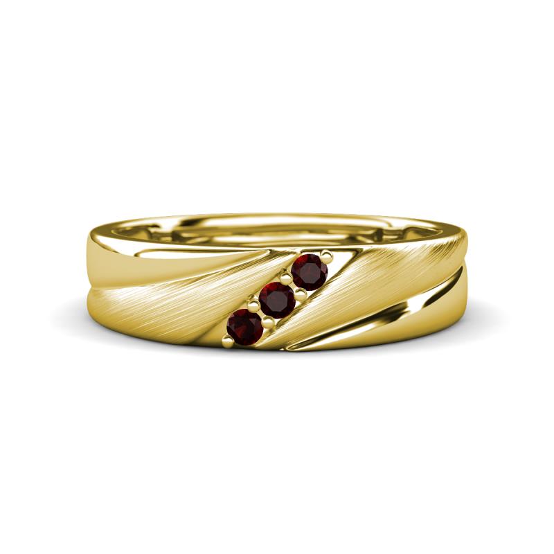 Amani Round Red Garnet Angled Brushed and Polished Finish Men Three Stone Wedding Band (6 mm) 
