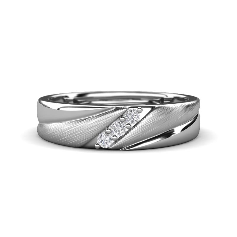 Amani Round White Sapphire Angled Brushed and Polished Finish Men Three Stone Wedding Band (6 mm) 