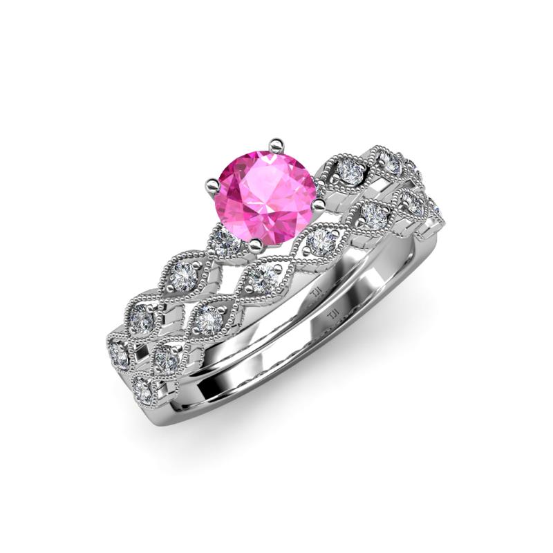 Laine 1.11 ctw Classic Pink Sapphire (6.00 mm) Accented Round Natural Diamonds Marquise Shape Bridal Set Ring  