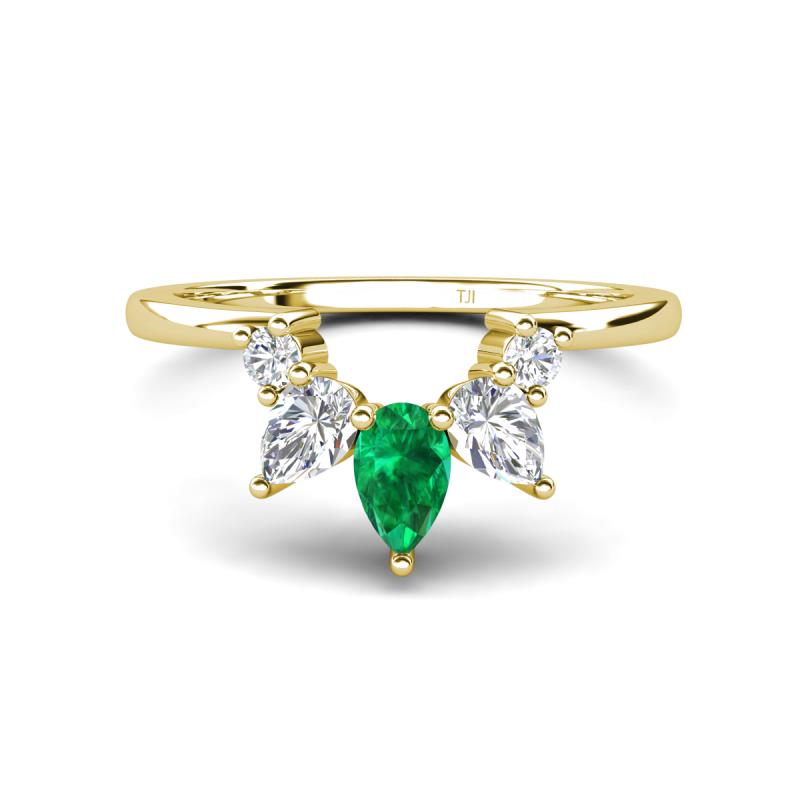 Amina 0.52 ctw Pear Shape Emerald Accented Lab Grown Diamonds Curved Wedding Band 