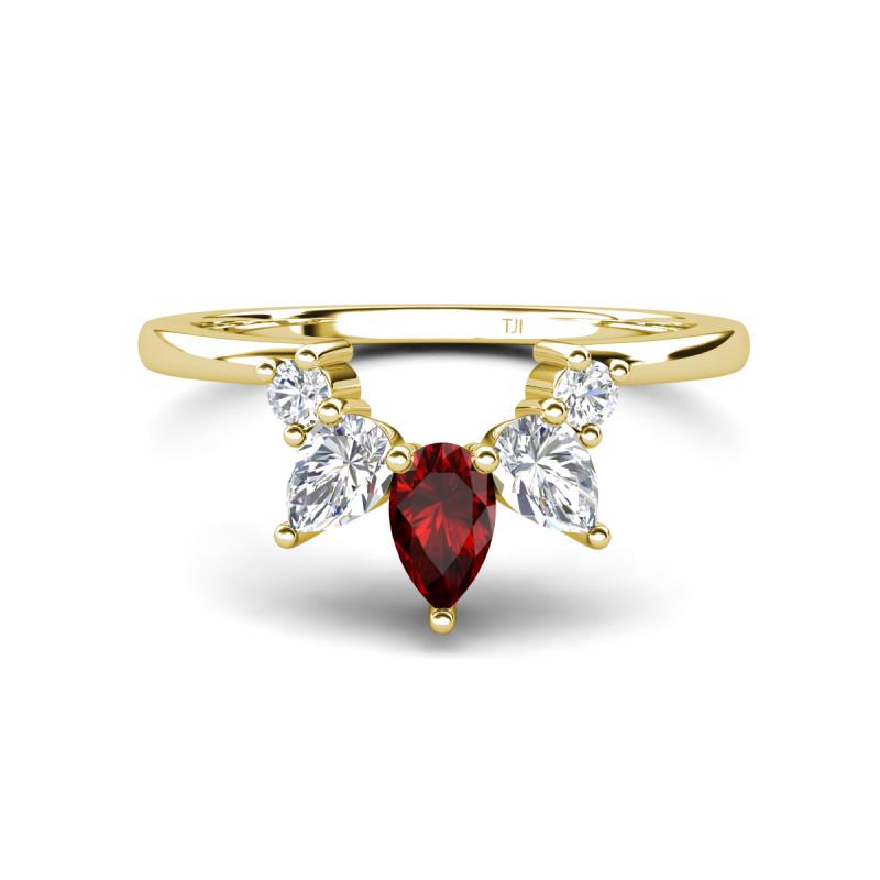 Amina 0.62 ctw Pear Shape Red Garnet Accented Lab Grown Diamonds Curved Wedding Band 