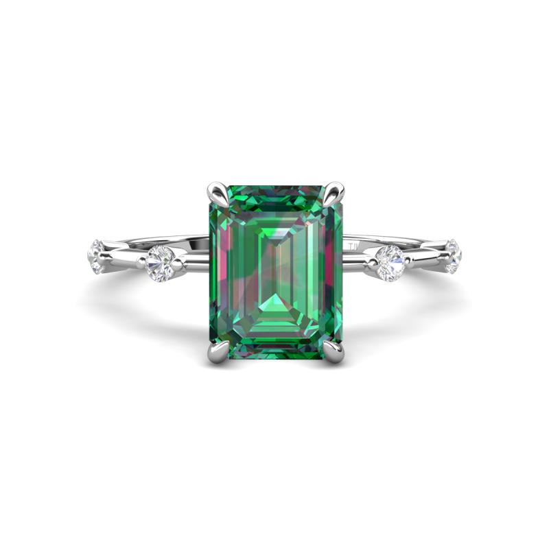 Nuria 3.07 ctw Emerald Shape Created Alexandrite (9X7 mm) accented Natural Diamonds Engagement Ring 