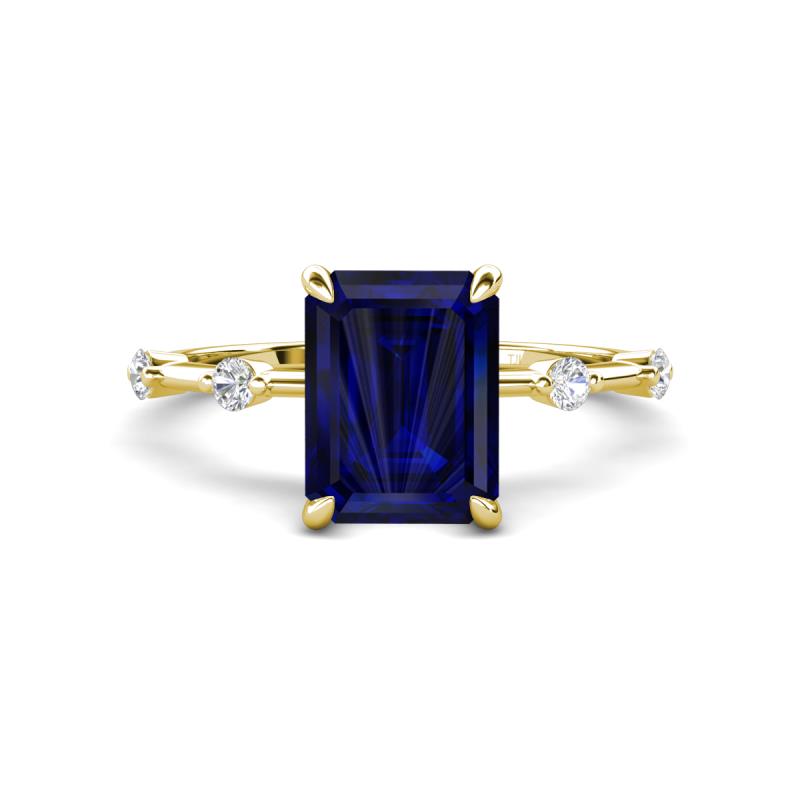 Nuria 2.61 ctw Emerald Shape Created Blue Sapphire (9X7 mm) accented Natural Diamonds Engagement Ring 