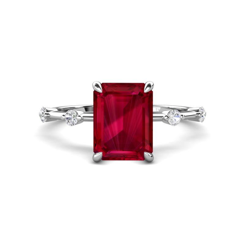 Nuria 2.81 ctw Emerald Shape Created Ruby (9X7 mm) accented Natural Diamonds Engagement Ring 