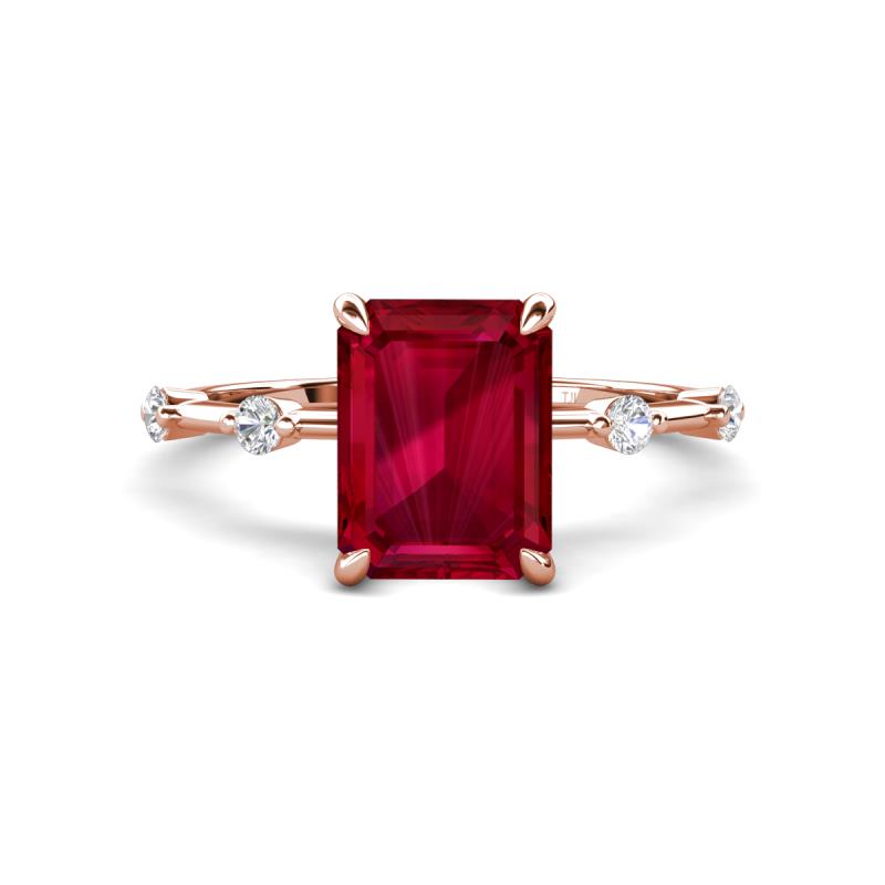 Nuria 2.81 ctw Emerald Shape Created Ruby (9X7 mm) accented Natural Diamonds Engagement Ring 