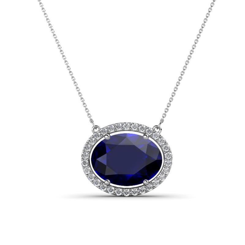 Janet Oval Cut Lab Created Blue Sapphire and Round Diamond East West Halo Pendant Necklace 