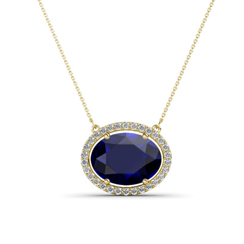 Janet Oval Cut Lab Created Blue Sapphire and Round Diamond East West Halo Pendant Necklace 