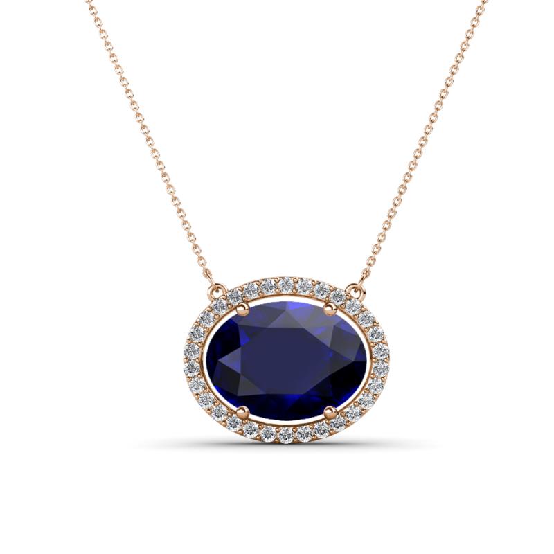 Janet Oval Cut Lab Created Blue Sapphire and Round Diamond East West Halo Pendant Necklace 