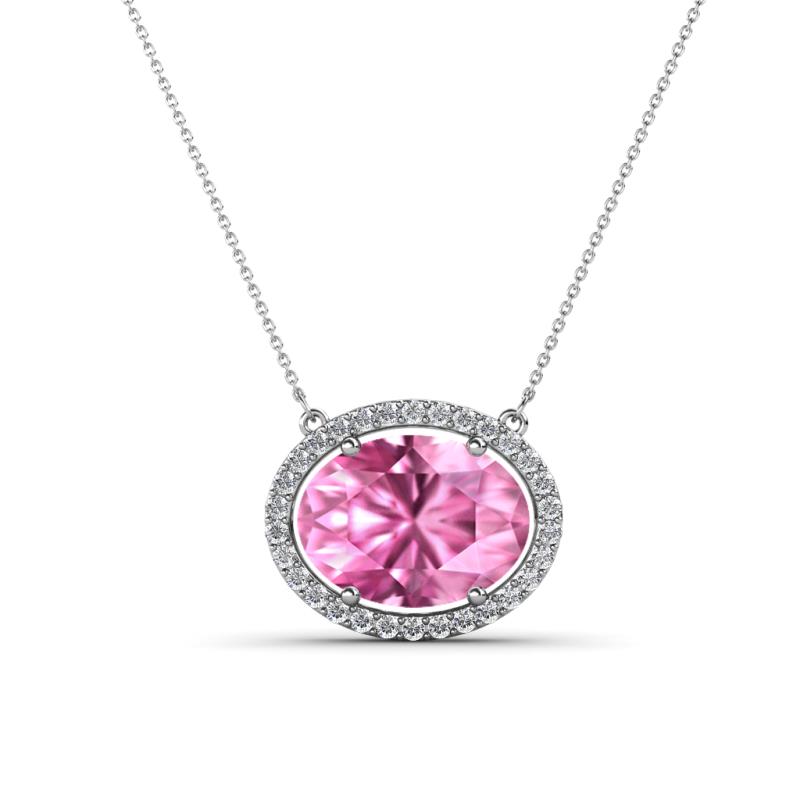 Janet Oval Cut Lab Created Pink Sapphire and Round Diamond East West Halo Pendant Necklace 