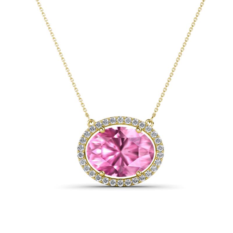 Janet Oval Cut Lab Created Pink Sapphire and Round Diamond East West Halo Pendant Necklace 