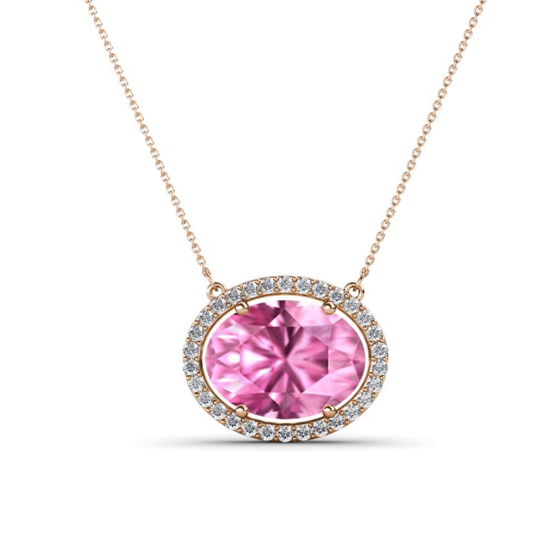 Janet Oval Cut Lab Created Pink Sapphire and Round Diamond East West Halo Pendant Necklace 