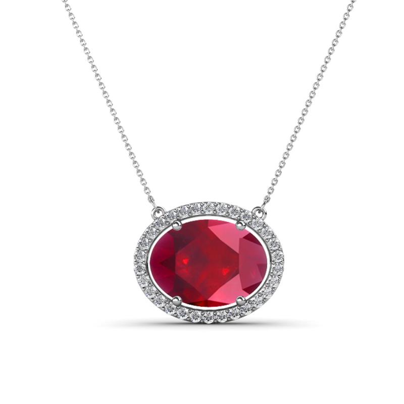 Janet Oval Cut Lab Created Ruby and Round Diamond East West Halo Pendant Necklace 