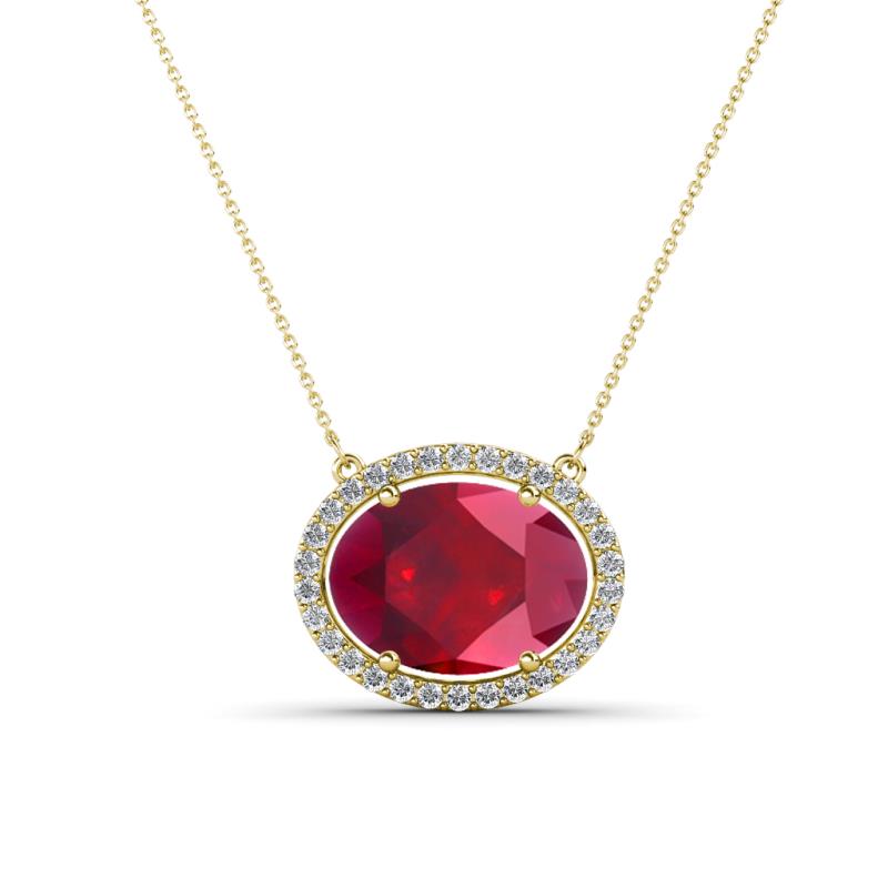 Janet Oval Cut Lab Created Ruby and Round Diamond East West Halo Pendant Necklace 