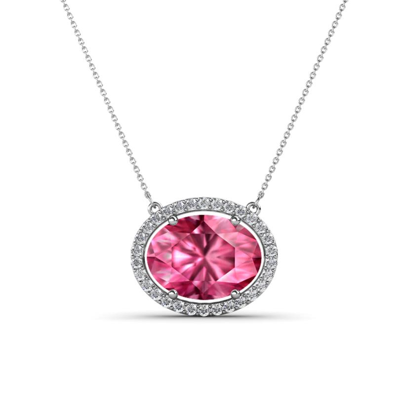 Janet Oval Cut Pink Tourmaline and Round Diamond East West Halo Pendant Necklace 