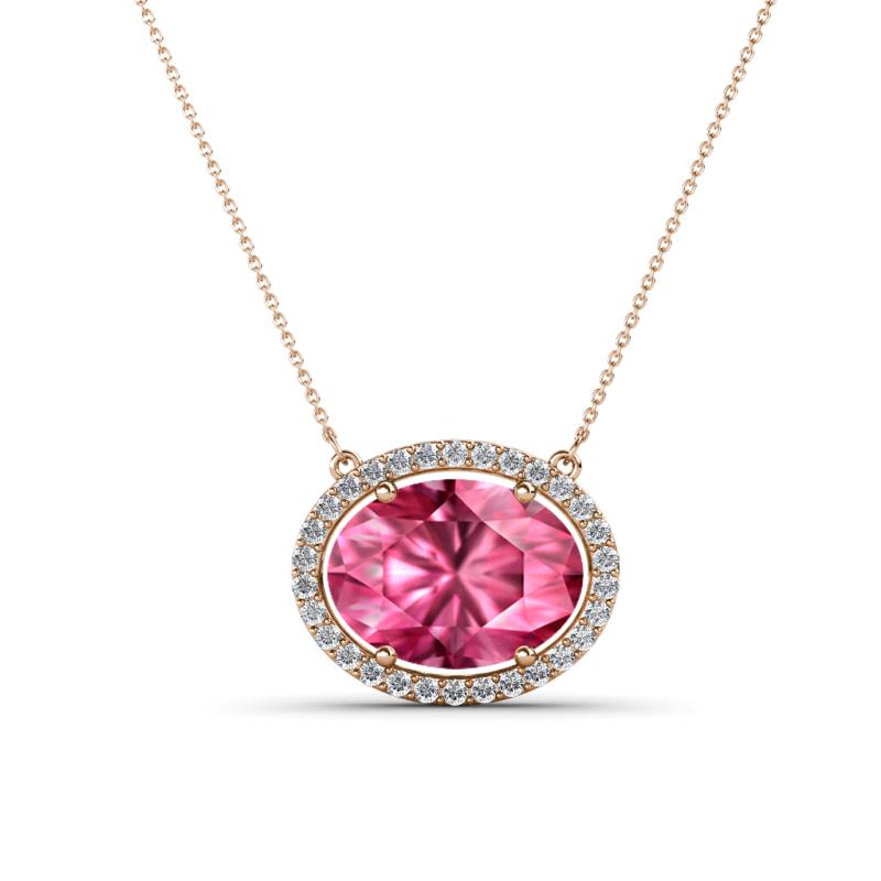 Janet Oval Cut Pink Tourmaline and Round Diamond East West Halo Pendant Necklace 