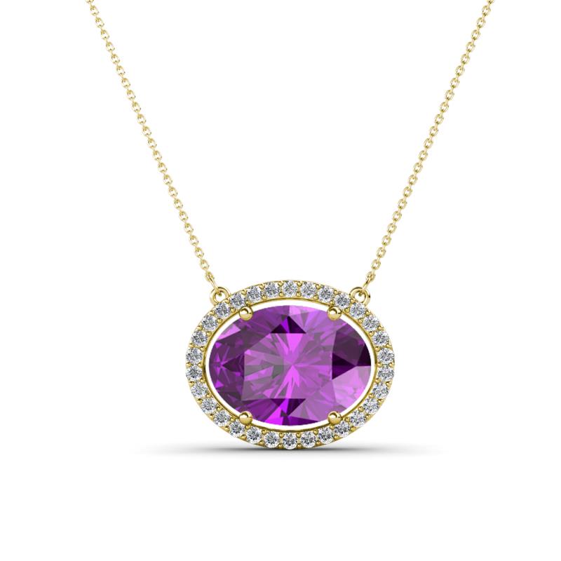 Janet Oval Cut Amethyst and Round Diamond East West Halo Pendant Necklace 