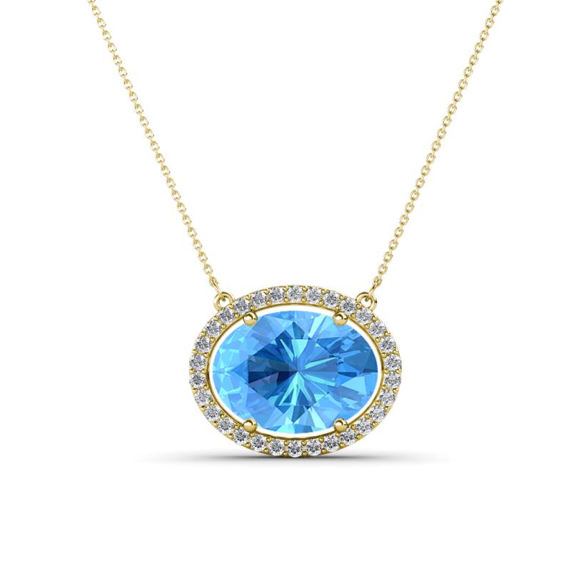 Janet Oval Cut Blue Topaz and Round Diamond East West Halo Pendant Necklace 
