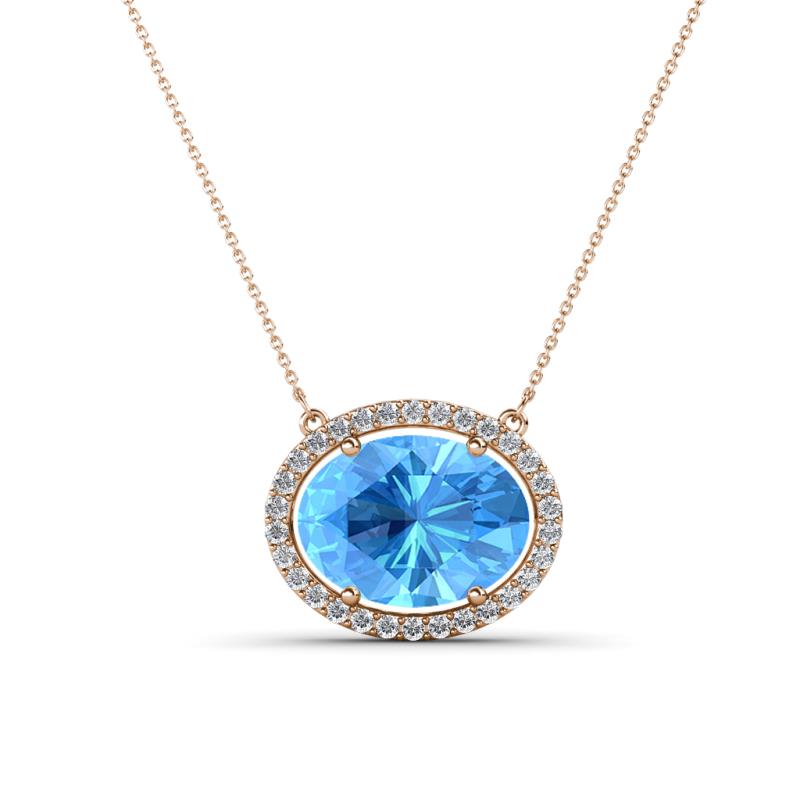 Janet Oval Cut Blue Topaz and Round Diamond East West Halo Pendant Necklace 