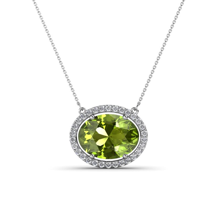 Janet Oval Cut Peridot and Round Diamond East West Halo Pendant Necklace 