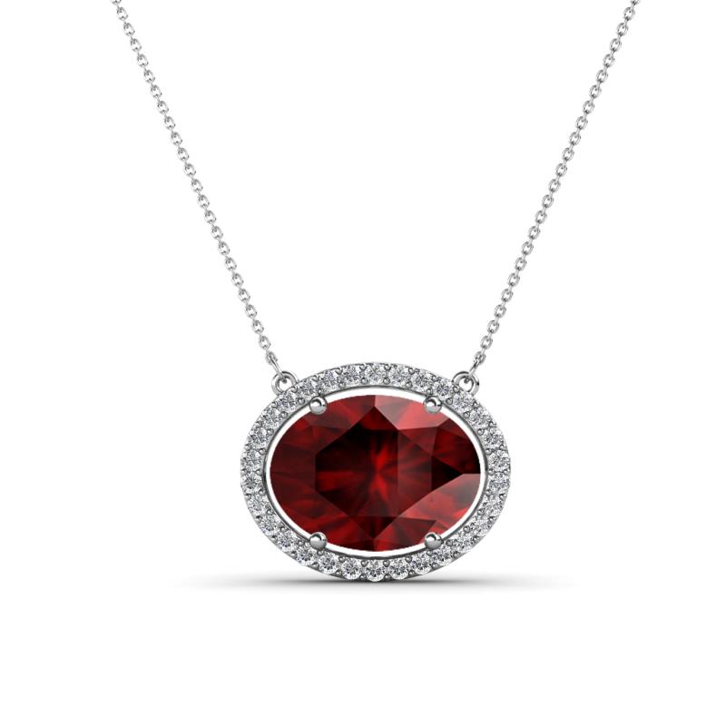 Janet Oval Cut Red Garnet and Round Diamond East West Halo Pendant Necklace 