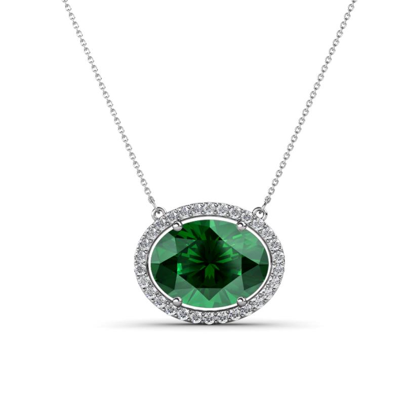 Janet Oval Cut Lab Created Emerald and Round Diamond East West Halo Pendant Necklace 
