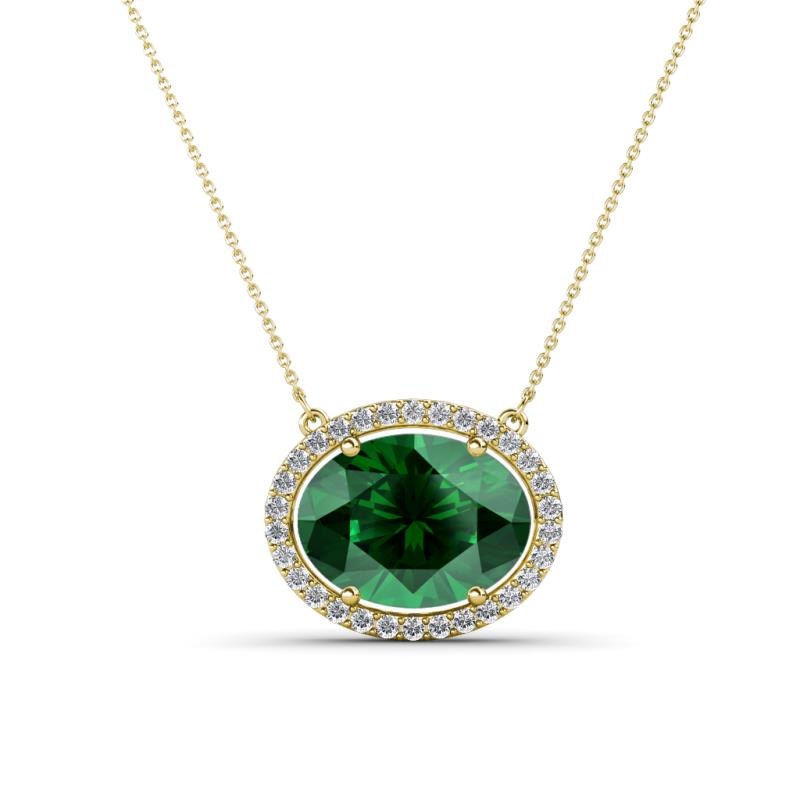 Janet Oval Cut Lab Created Emerald and Round Diamond East West Halo Pendant Necklace 