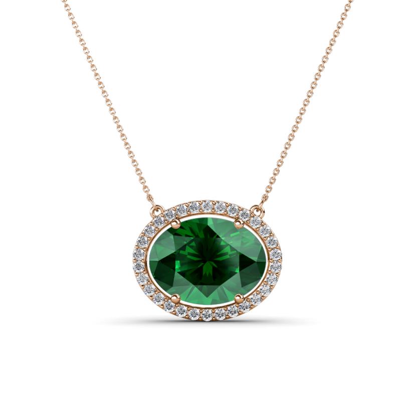 Janet Oval Cut Lab Created Emerald and Round Diamond East West Halo Pendant Necklace 
