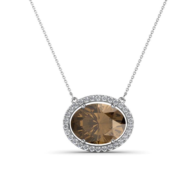 Janet Oval Cut Smoky Quartz and Round Diamond East West Halo Pendant Necklace 