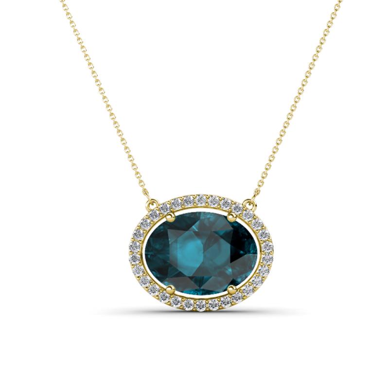Janet Oval Cut London Blue Topaz and Round Diamond East West Halo Pendant Necklace 