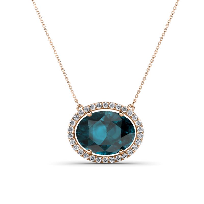 Janet Oval Cut London Blue Topaz and Round Diamond East West Halo Pendant Necklace 