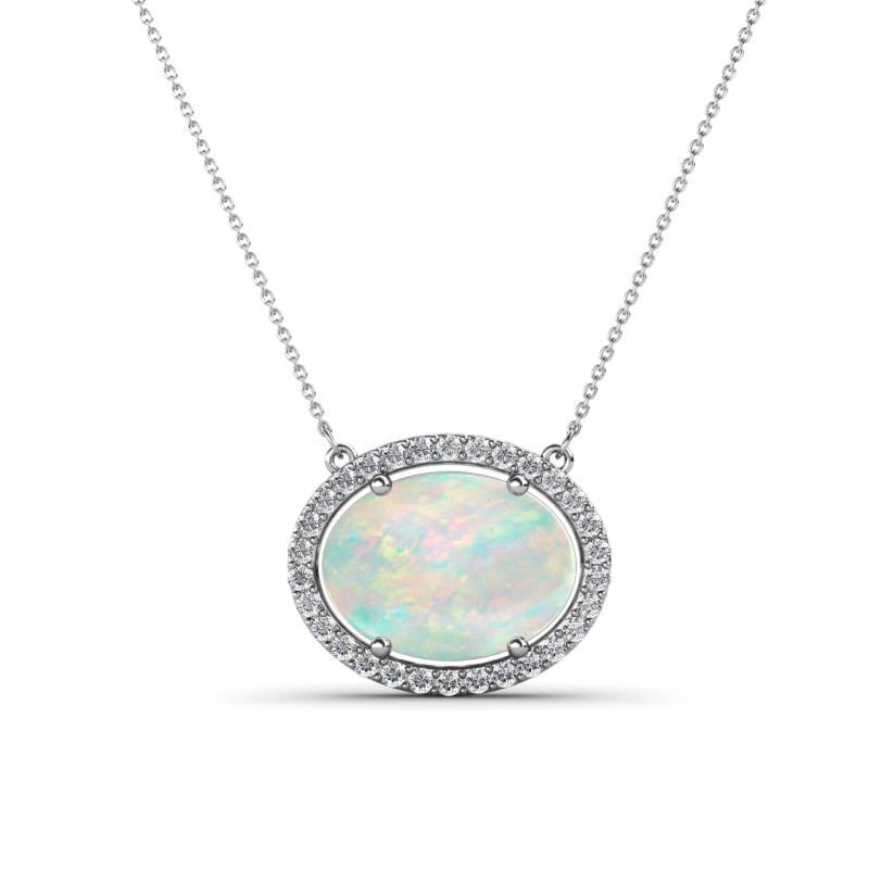 Janet Oval Cut Opal and Round Diamond East West Halo Pendant Necklace 