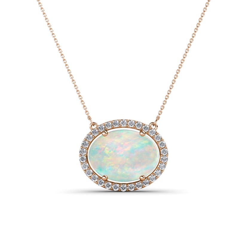 Janet Oval Cut Opal and Round Diamond East West Halo Pendant Necklace 