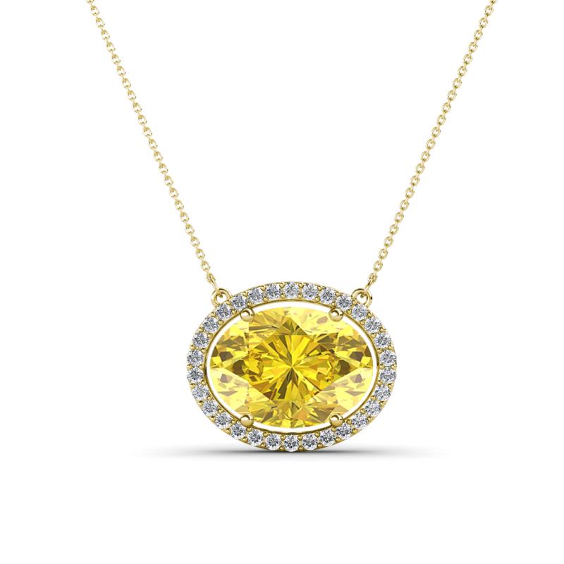 Janet Oval Cut Lab Created Yellow Sapphire and Round Diamond East West Halo Pendant Necklace 