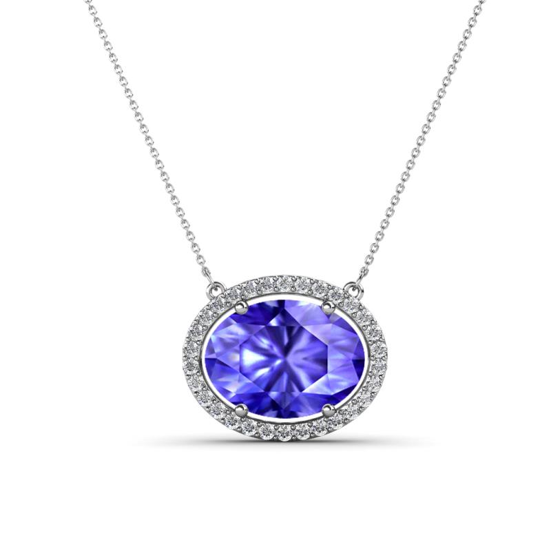 Janet Oval Cut Lab Created Tanzanite and Round Diamond East West Halo Pendant Necklace 