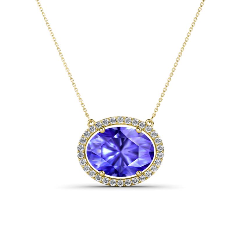 Janet Oval Cut Lab Created Tanzanite and Round Diamond East West Halo Pendant Necklace 