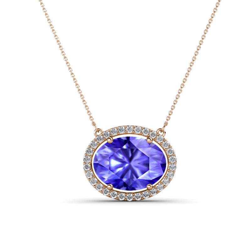 Janet Oval Cut Lab Created Tanzanite and Round Diamond East West Halo Pendant Necklace 