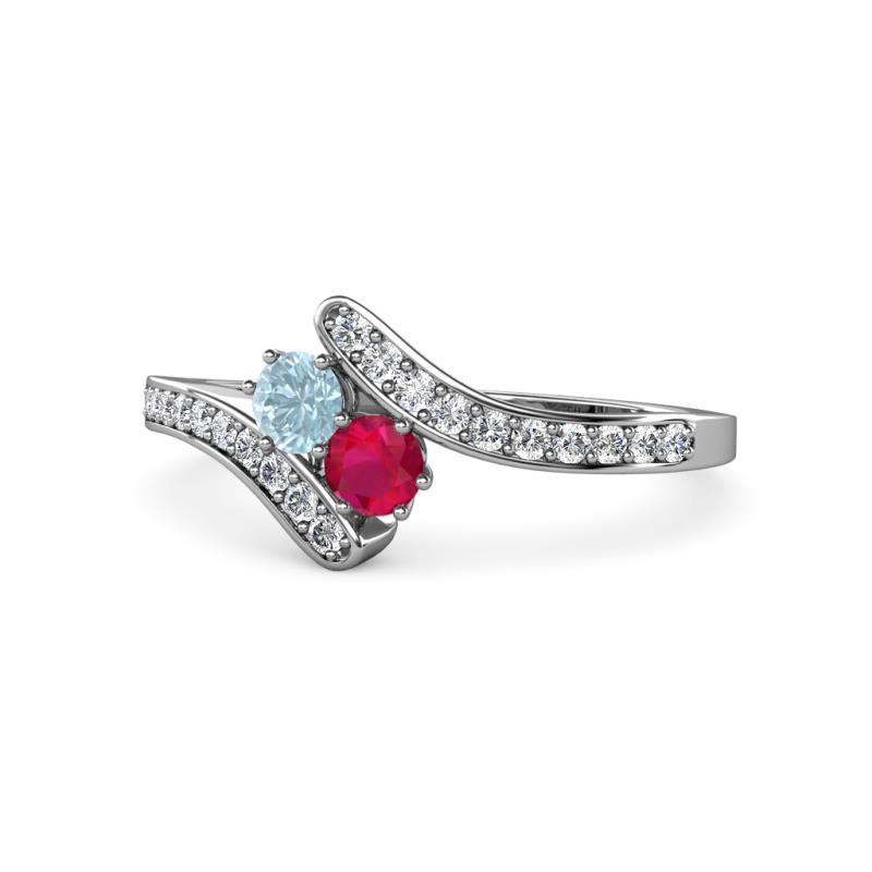 Eleni Aquamarine and Ruby with Side Diamonds Bypass Ring 